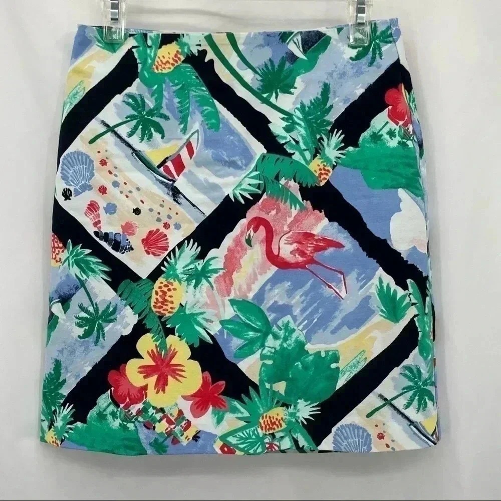 Talbots Pencil Skirt Womens 2P Multi Color Tropical Flamingo Pineapple Cotton